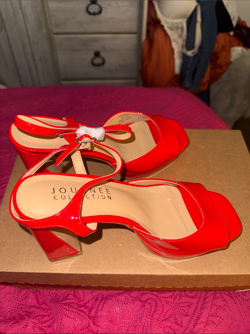 Journee Collection Bright Red Patent Block Heel Sandals